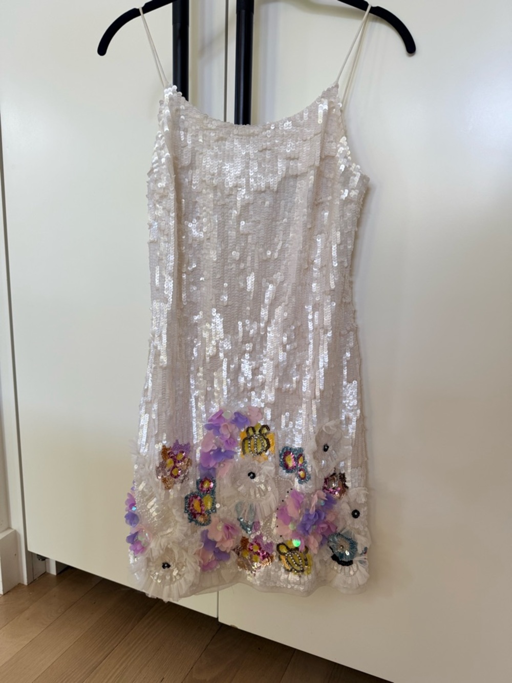 MacDuggal Ivory Sequin Mini Dress with 3D Floral Embellishments - Picture 5 of 11
